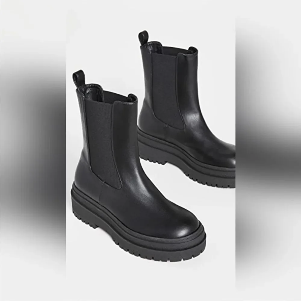 New Good American Black Leather Pull On Platform Boots - Picture 13 of 13